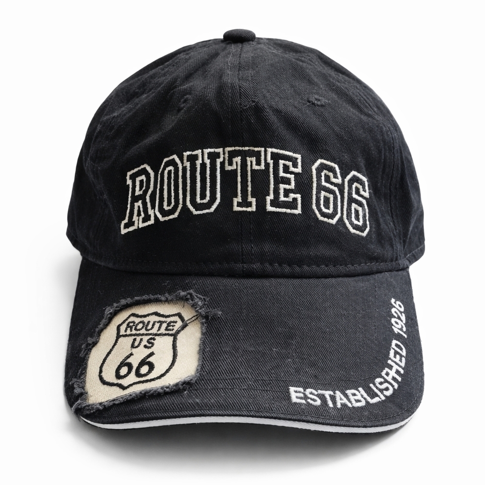 ROUTE 66 Distressed Black Cap with Embroidered Patch